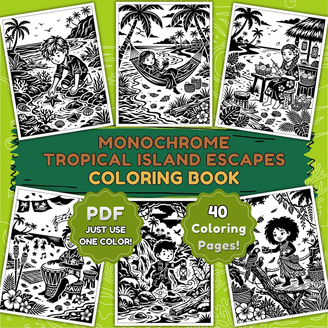 Monochrome Tropical Island Coloring Book – 40 Cozy Beach Paradise ...