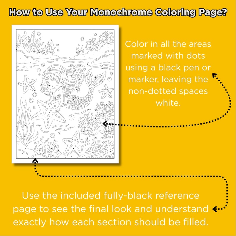 May include: A monochrome coloring page featuring a mermaid, starfish, and coral. Instructions on how to use the coloring page are included, with text explaining to color the dotted areas black and leave the non-dotted areas white.