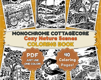 Monochrome Cottagecore Coloring Book – 40 Cozy Nature Scenes One Color Printable PDF, Instant Download