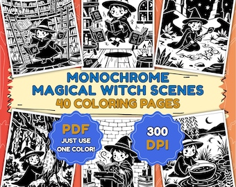 Monochrome Witch Coloring Pages – 40 Magical Witch Scenes One Color Printable PDF, Instant Download