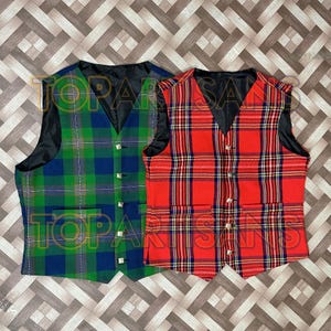May include: Two plaid waistcoats, one green and blue, the other red and black. Both waistcoats have a black lining and silver buttons.