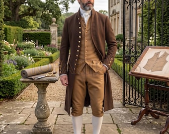 18th Century Georgian Gentleman Suit - Brown Wool Frock Coat Outfit - Colonial Breeches & Waistcoat - Regency Historical Costume