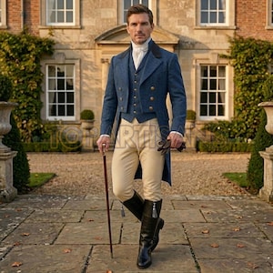 May include: A blue wool tailcoat with gold buttons, a matching vest, a white collared shirt with a cravat, cream-colored trousers, and black leather riding boots with tassels. A wooden walking cane is held in one hand and gloves in the other.