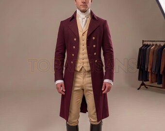 Men's Regency Tailcoat Burgundy Wool Coat - Georgian Frock Coat - Historical Gentleman Costume, Handmade Custom Made Victorian Formal Jacket