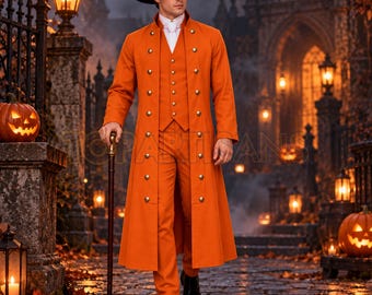 Men's Halloween Vampire Costume - Gothic Victorian Tailcoat - Steampunk Regency Long Coat - Handmade Historical Cosplay Outfit - Orange Coat