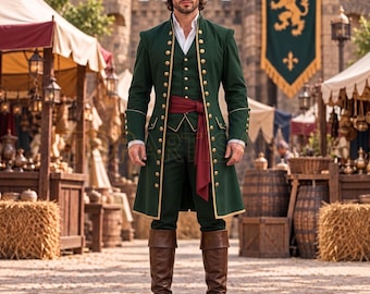 Renaissance Fair Costume for Men - Medieval Prince Costume - Handmade Green & Gold Renaissance Coat - Halloween Costume - Reenactment Outfit