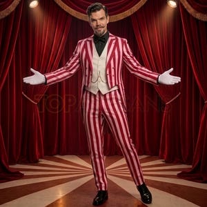 May include: A ringmaster costume featuring a red and white striped tailcoat and matching trousers, a cream-coloured waistcoat with a gold chain, a black shirt, a black bowtie, and white gloves. The ensemble is worn by a person with a moustache.