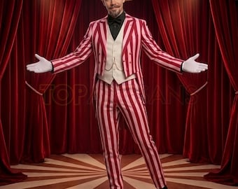 Ringmaster Costume Men Red White Striped Circus Suit - Victorian Tailcoat - Carnival Showman Outfit - Halloween Cosplay - Custom Made