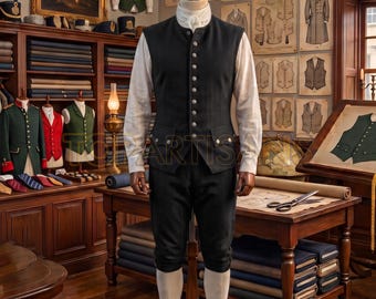 Revolutionary War Colonial Vest -  Military Waistcoat and Breeches Set - 18th Century Wool Cotton Waistcoat - Historical Reenactment Costume