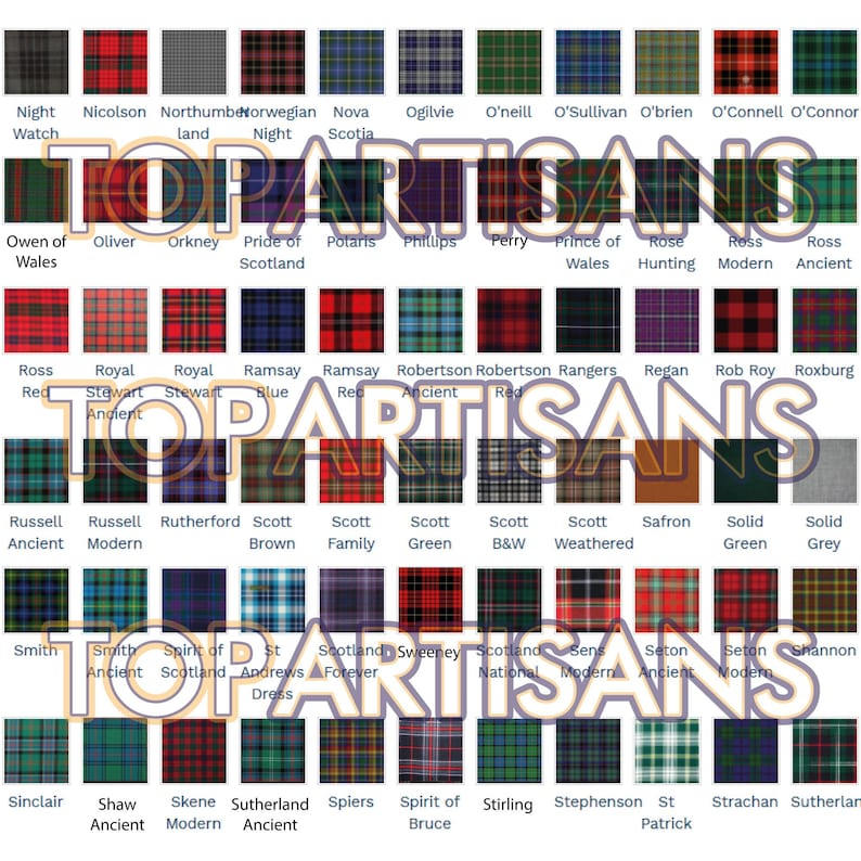 May include: A grid of various tartan patterns, each with a unique color scheme and name. The designs feature a variety of colors, including red, green, blue, and yellow, in a classic plaid style. The text "TOP ARTISANS" is overlaid on the image.