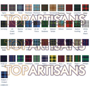 May include: A collection of tartan fabric swatches, each with a unique plaid pattern and name. The swatches feature various color combinations, including red, green, blue, and yellow. The text "TOP ARTISANS" is overlaid on the image.