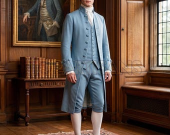 Late 18th Century Colonial Suit | Blue Wool Georgian Frock Coat | 1770s Gentleman Costume | Historical Wedding Outfit | British Tailcoat