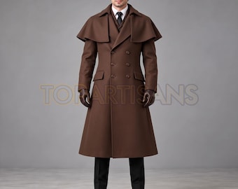 Brown Wool Inverness Cape Coat for Men - Double Breasted Long Coat - Gothic Steampunk Regency Cloak Coat - Custom Made Victorian Overcoat