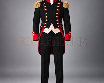 Men's Napoleonic Military Uniform - Handmade Black Officer Tailcoat with Gold Epaulettes - Regency Reenactment Costume - Napoleon Cosplay