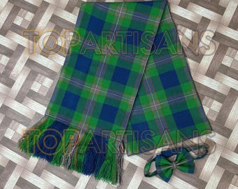 May include: A green and blue plaid kilt sash with fringed edges and a matching bow tie.