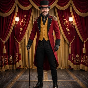 May include: A ringmaster costume featuring a red tailcoat with gold fringe epaulets, a yellow waistcoat, a black shirt, and black trousers. The ensemble includes a black top hat, black gloves, and a walking cane. The text TOPARTISAN is visible.