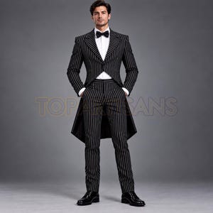 May include: A black tailcoat suit with white pinstripes, featuring a white dress shirt, a black bow tie, and matching pinstriped trousers. The garment displays the text TOPARTISANS across the midsection. The ensemble is completed with black shoes.