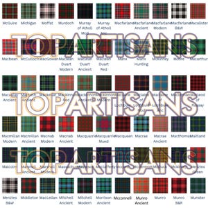 May include: A grid of various tartan patterns, each with a unique color scheme and name. The image features a variety of designs, including red, green, blue, and black plaids. The text "TOP ARTISANS" is overlaid on the image.