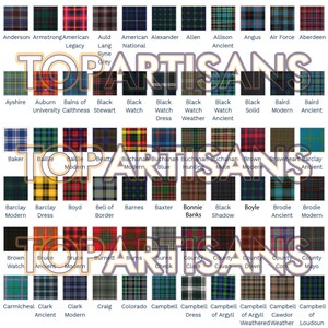 May include: A grid of various tartan patterns, each with a unique name. The tartans feature a variety of colors, including red, green, blue, and yellow, arranged in distinct plaid designs. The text "TOP ARTISANS" is overlaid on the image.