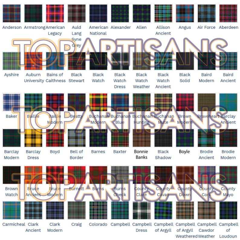 May include: A grid of various tartan patterns, each with a unique name. The tartans feature a variety of colors, including red, green, blue, and yellow, arranged in distinct plaid designs. The text "TOP ARTISANS" is overlaid on the image.