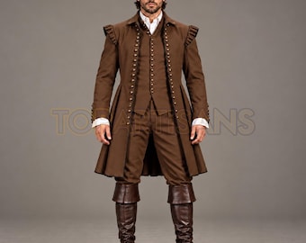 Men's Renaissance Pirate Captain Coat Vest and Breeches Set | Medieval Musketeer Costume | Handmade Cosplay Halloween Outfit | Brown Doublet