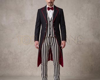 Ringmaster Costume | Striped Circus Tailcoat Suit | Handmade Victorian Carnival Clown Outfit | Halloween Festival Cosplay | Magician Jacket