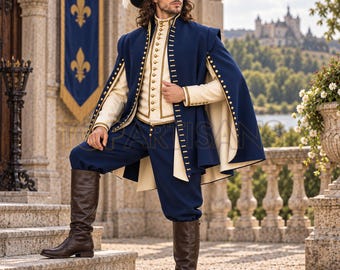 Musketeer Costume Men - 17th Century Cavalier Outfit - Historical Renaissance Cape Doublet and Breeches Set - Reenactment Outfit