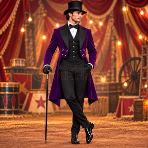 May include: A purple velvet tailcoat with black lapels, worn over a black waistcoat, white dress shirt, and black bowtie. The outfit includes black trousers, a black top hat, and black leather shoes. A black walking cane with a silver handle is held.