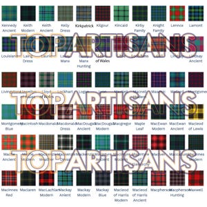 May include: A grid of various tartan patterns, each labeled with a Scottish clan name. The tartans feature a variety of colors, including red, green, blue, and yellow, with names like Kennedy, Macleod, and Mackenzie.