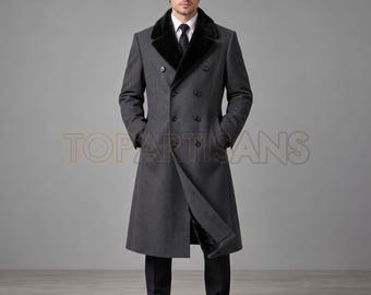 Men's Charcoal Gray Double Breasted Overcoat - Black Fur Collar Winter Coat - Full Length Military Greatcoat - Vintage Gothic Long Coat
