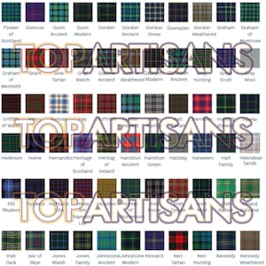 May include: A grid of various tartan patterns, each labeled with a unique name. The tartans feature a variety of colors, including green, blue, red, and gray, with different stripe and check designs. The text "TOP ARTISANS" is overlaid on the image.