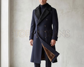 Men's Wool Military Greatcoat - Fur Collar Double Breasted Long Overcoat - Vintage European Officer Style Winter Coat - Custom Made