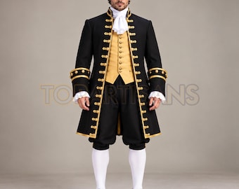 Men's 18th Century Colonial Frock Coat - Handmade Georgian Regency Costume - Gold Trim Black Historical Pirate Captain Outfit - Custom Made