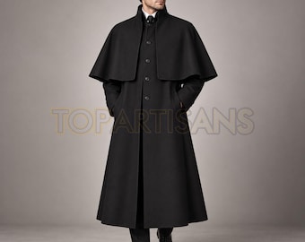 Men’s Inverness Cape Coat - Black Victorian Cape Coat - Gothic Steampunk Long Coat - Handmade Custom Cloak - Edwardian Overcoat