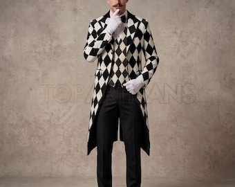 Men's Harlequin Tailcoat | Halloween Ringmaster Costume | Black White Diamond Ringleader Coat | Victorian Steampunk Jacket | Circus Outfit