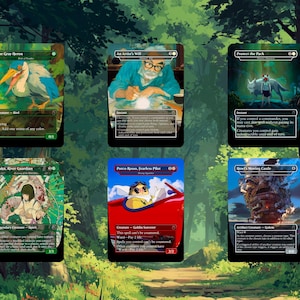 May include: Six Magic: The Gathering trading cards with diverse illustrations. The cards depict a heron, an artist, a wolf and a person, a character in a red car, a woman, and a moving castle. Each card has unique text and is set against a green background.