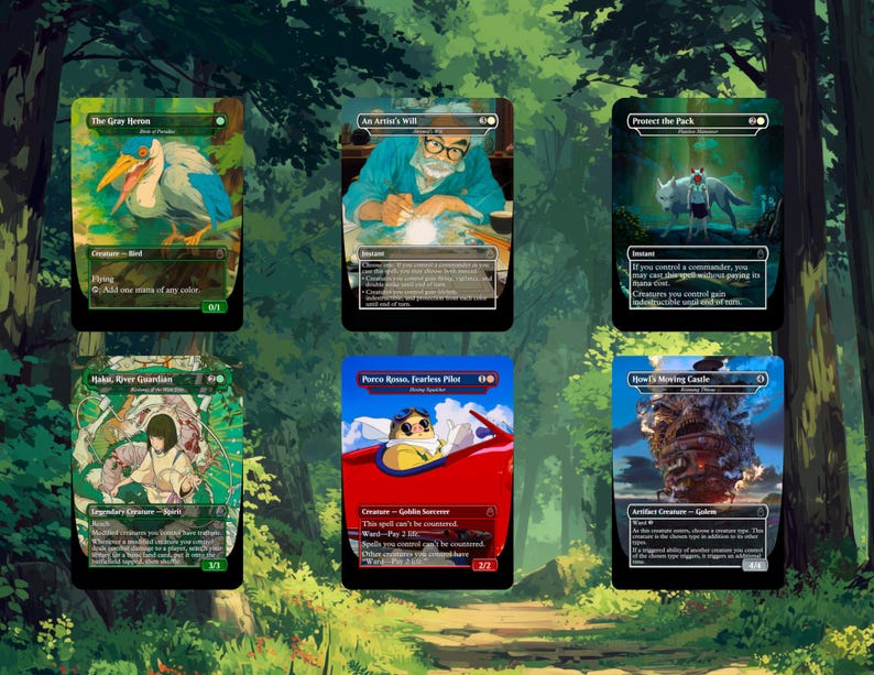 May include: Six Magic: The Gathering trading cards with diverse illustrations. The cards depict a heron, an artist, a wolf and a person, a character in a red car, a woman, and a moving castle. Each card has unique text and is set against a green background.