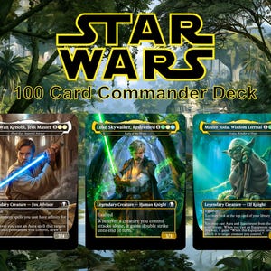 May include: A Star Wars 100 Card Commander Deck featuring three illustrated trading cards. The cards depict Obi-Wan Kenobi with a blue lightsaber, Luke Skywalker with a green lightsaber, and Master Yoda in a forest setting with detailed text.