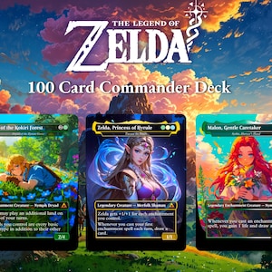 May include: A 100-card Commander deck featuring The Legend of Zelda branding. The display shows three game cards: Link of the Kokiri Forest, Zelda, Princess of Hyrule, and Malon, Gentle Caretaker, set against a vibrant, sunset-lit landscape background.
