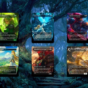 May include: Six fantasy art trading cards featuring characters and scenes. The cards display vibrant illustrations of elves, angels, and landscapes. Each card has unique artwork and text, including titles like "Kokel Mance" and "Swan Song."
