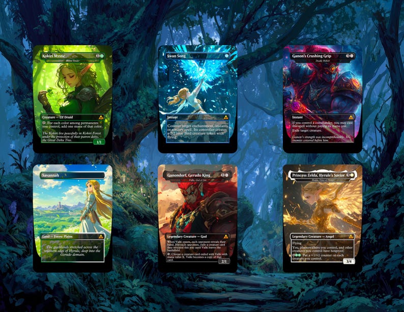 May include: Six fantasy art trading cards featuring characters and scenes. The cards display vibrant illustrations of elves, angels, and landscapes. Each card has unique artwork and text, including titles like "Kokel Mance" and "Swan Song."