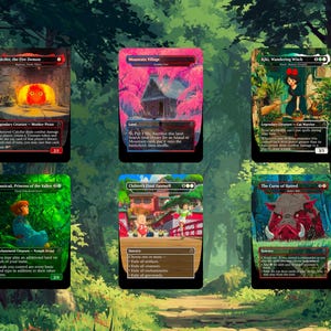 May include: Six Magic: The Gathering cards with Studio Ghibli film artwork. The cards depict Calcifer, Mountain Village, Kiki, Nausica&auml;, Chihiro, and a boar. Each card has a unique design and text, with a fantasy theme.
