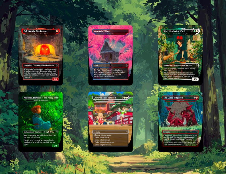 May include: Six Magic: The Gathering cards with Studio Ghibli film artwork. The cards depict Calcifer, Mountain Village, Kiki, Nausica&auml;, Chihiro, and a boar. Each card has a unique design and text, with a fantasy theme.