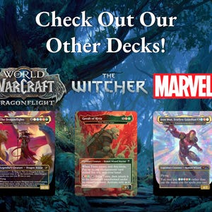 May include: Image featuring three trading card game decks: World of Warcraft, The Witcher, and Marvel. The cards showcase colorful artwork of characters and creatures. Text at the top reads "Check Out Our Other Decks!"