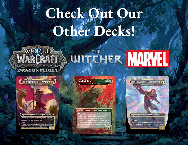 May include: Image featuring three trading card game decks: World of Warcraft, The Witcher, and Marvel. The cards showcase colorful artwork of characters and creatures. Text at the top reads "Check Out Our Other Decks!"