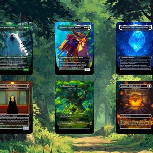 May include: Six Magic: The Gathering trading cards. The cards feature illustrations of a wolf, a figure with a bow, a blue crystal, a figure in a train, a tree, and a fiery orb. Each card has unique text and is framed.