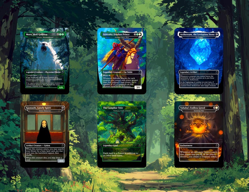 May include: Six Magic: The Gathering trading cards. The cards feature illustrations of a wolf, a figure with a bow, a blue crystal, a figure in a train, a tree, and a fiery orb. Each card has unique text and is framed.
