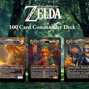 Puede incluir: Un mazo de comandante de 100 cartas con personajes de The Legend of Zelda. Las cartas muestran a Zelda, Link y Midna con ilustraciones detalladas y texto del juego. El fondo es una escena de bosque.