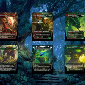 May include: Six Magic: The Gathering trading cards featuring artwork from The Legend of Zelda. The cards display characters and scenes from the video game series, with text in English. The cards are set against a forest background.