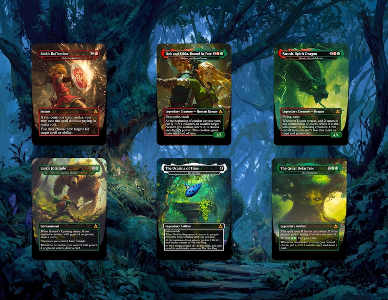 May include: Six Magic: The Gathering trading cards featuring artwork from The Legend of Zelda. The cards display characters and scenes from the video game series, with text in English. The cards are set against a forest background.